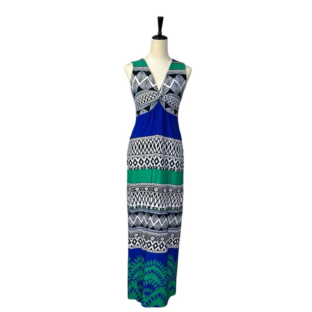 Chico’s Size 0 Blue Green Geometric Twist Front Stretch Maxi Dress XS Jersey - Picture 2 of 11